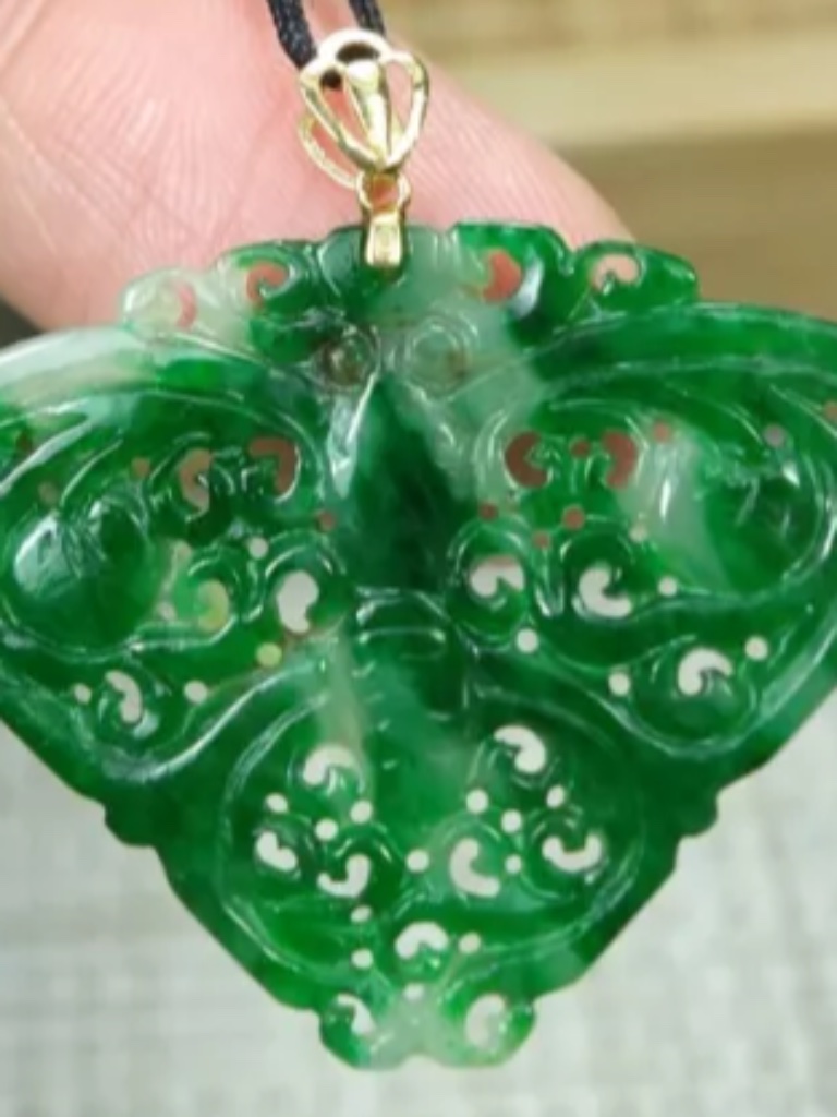 18k Gold Certified Icy Green Burma 100%Natural A Jadeite Jade Pendant~Butterfly